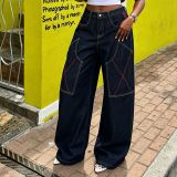 Women Color Block Topstitching Cargo Denim Pants