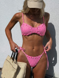 Women Stripe Drawstring Bikini Two-Piece Swimsuit
