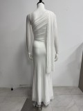 Women Summer Asymmetric One-Shoulder Mesh See-Through Ribbon Bodycon Maxi Dress