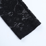 Women Lace See-Through Sexy Round Neck Long Sleeve Ribbon Bodycon Dress
