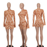 Women Sexy Mesh Printed Ruffle Cuff Dress