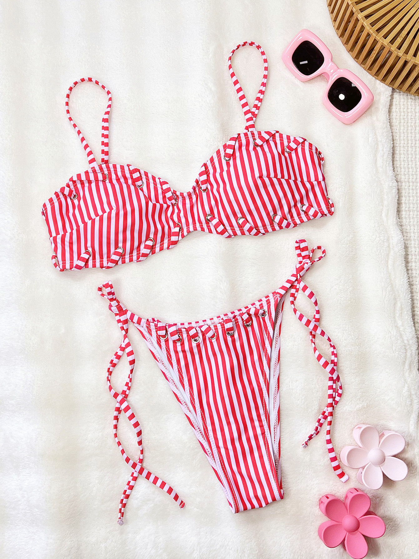 Striped Drawstring Two-Piece Bikini Swimsuit for Beachwear