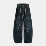 Women Frayed Edge Star Washed Denim Pants