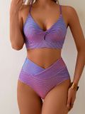 Women Purple Tie Dye Stripe Patchwork Bikini Casual Swimsuit