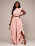 Women French Sleeveless High Neck Top Irregular Ruffle Wide Leg Pants Two-Piece Set