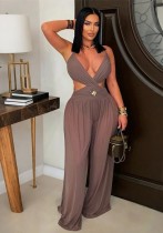 Sexy V-Neck Tie Low Back See-Through Jumpsuit with Long Pants for Women