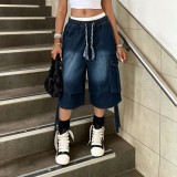 Women Washed Large Pocket Elastic Drawstring Cargo Denim Capri Pants