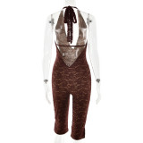 Women Sexy Lace-Up Halter Neck Lace Basic Backless Slit Jumpsuit