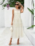 Women Summer French Jacquard Embroidery Faux Two-Piece Sleeveless Pleated Dress