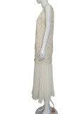 Women Summer French Jacquard Embroidery Faux Two-Piece Sleeveless Pleated Dress