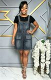 Women Casual Double Pocket Washed Denim Overall Shorts
