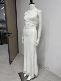 Women Summer Asymmetric One-Shoulder Mesh See-Through Ribbon Bodycon Maxi Dress