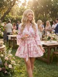 Women Summer V-Neck Printed Bell Bottom Sleeve Lace-Up Dress