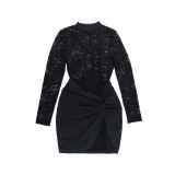 Women Lace See-Through Sexy Round Neck Long Sleeve Ribbon Bodycon Dress