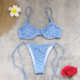 Women Strapless Bikini Lace-Up Printed Swimsuit Two-Piece Set
