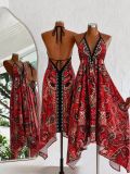 Boho Strappy Deep V Long Dress High-Waist Printed Summer Beach Low Back Sexy Dress
