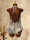 Fashion Leopard Print Halter Neck Lace-Up Vest Open Waist Sexy Ruffle Dress