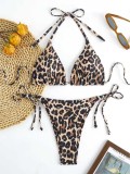 Triangle Cup Leopard Print Bikini Sexy Lace-Up Swimwear Set Women