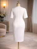 Plus Size Women Summer White Applique Slim Waist Knot Split Half-Sleeve Bodycon Dress
