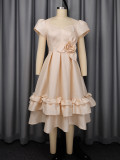 Plus Size Women Summer Champagne Floral Slim Waist Puff Dress Formal Party Dress