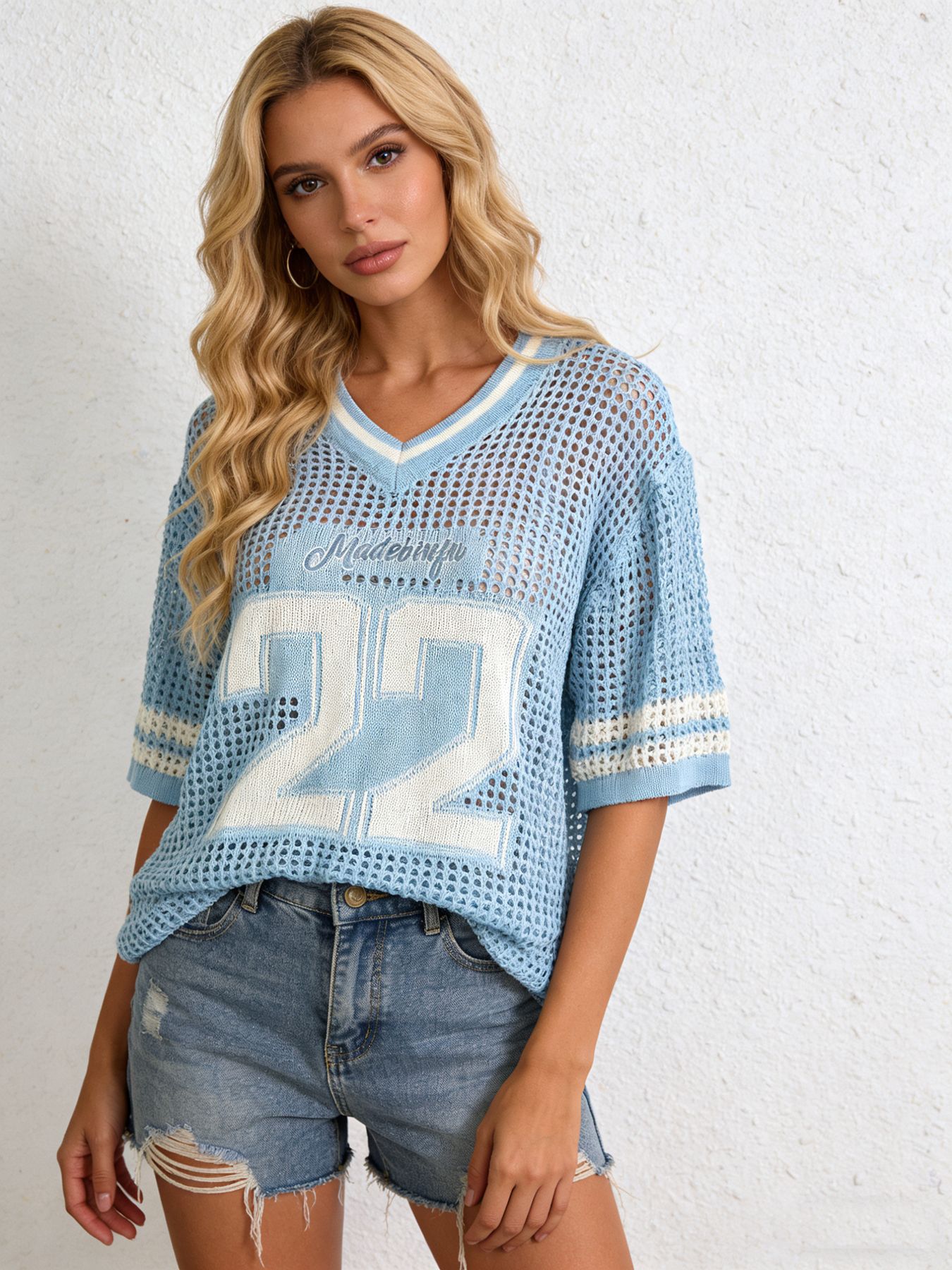 Letter Knitted Hollow-Out V-Neck Short Sleeve Sun-Protective Cardigan
