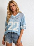 Women Letter Hollow-Knit V-Neck Short Sleeve Loose Sun-Protective Cardigan