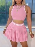 Women Sleeveless Crop Top Casual Pleated Skirt Two-Piece Set