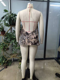 Fashion Leopard Print Halter Neck Lace-Up Vest Open Waist Sexy Ruffle Dress