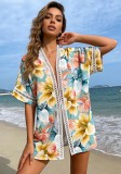 Tropical Floral Print Lace-Trimmed Loose Beach Cover-Up Cardigan
