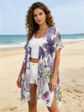 Tropical Plant Print Beach Cover-Up V-Neck Loose Knitting Shawl Cardigan