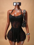 Lace Patchwork Chic Slim Waist Slim Fit Halter Neck Low Back Long Dress