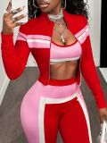Spring Fashion Street Women Color-Block Patchwork Long Sleeve Zip-Up Casual Three-Piece Pants Set