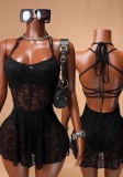 Lace Patchwork Chic Slim Waist Slim Fit Halter Neck Low Back Long Dress