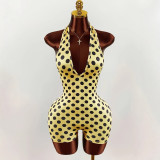 Summer Spring Polka Dot Elastic Halter Neck Low Back Slim Fit Jumpsuit