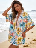 Tropical Floral Print Lace-Trimmed Loose Beach Cover-Up Cardigan