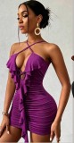 Ruched Dress Sexy Low Back V-Neck Bodycon Ruffle Mini Dress