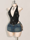 Summer Women Sequin Rhinestone Deep Neck One-Piece Sexy Swimsuit