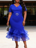 Plus Size Women Summer Blue V-Neck Slim Waist Mermaid Short Sleeve Layered Ruffle Mid-Length Dress