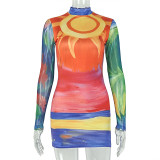 Printed Casual Slim-Fit Women Round Neck Long Sleeve Multi-Color Bodycon Dress