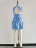 Spring Women Fashion Striped Sleeveless Slim Waist Flared Short Dress