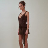 Summer Women Solid Color Strappy Low Back Knot Lace-Up Bodycon Mini Skirt Set