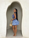 Women Spring Summer Ruffle Hem Sleeveless Floral Mini Dress