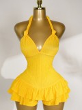 Yellow Halter Neck Ruched Slim Waist Slim Fit Jumpsuit