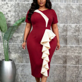 Plus Size Women Summer Burgundy Color-Block Bodycon Dress Asymmetric Ruffle Short Sleeve Office Dress