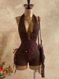 Summer High Street Low Back Circle-Decor Solid Color Women Jumpsuit