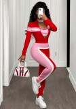 Spring Fashion Street Women Color-Block Patchwork Long Sleeve Zip-Up Casual Three-Piece Pants Set