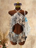 Fashion Leopard Print Halter Neck Lace-Up Vest Open Waist Sexy Ruffle Dress