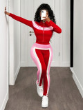 Spring Fashion Street Women Color-Block Patchwork Long Sleeve Zip-Up Casual Three-Piece Pants Set