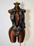 Women Solid Sexy Lace Hollow Neck Sleeveless Tight-Fitting Fashion Bodysuit