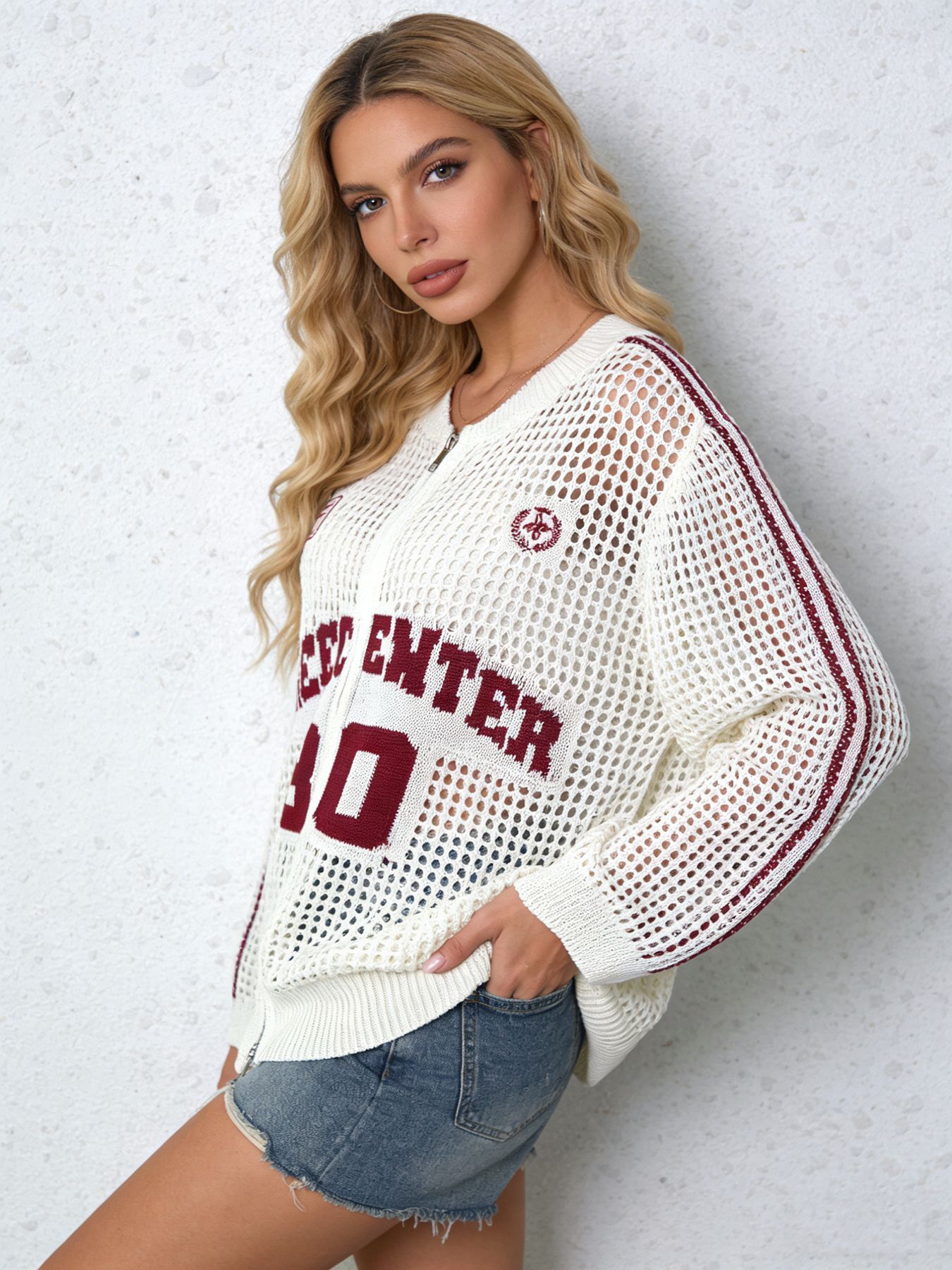 Letter Knitted Hollow-Out Zipper Sun-Protective Cardigan for Summer